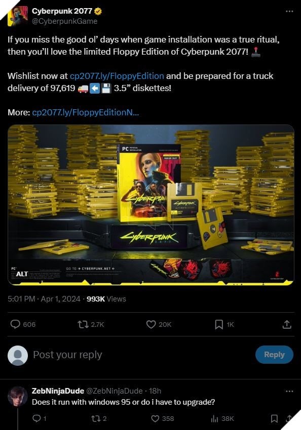 Cyberpunk 2077 công bố phiên bản đĩa mềm giới hạn, gây tranh cãi hài hước trong cộng đồng game thủ