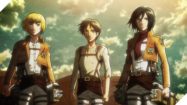 Eren, Mikasa và Armin đối mặt với titan