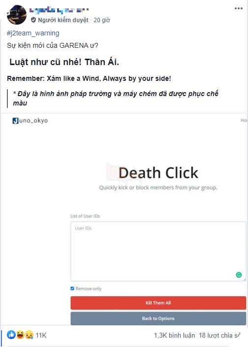 Hình ảnh pháp trường và máy chém được nhóm J2TEAM Community sử dụng để cảnh báo spam link