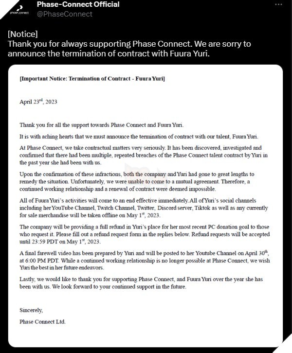 Thông báo chấm dứt hợp đồng của Phase Connect