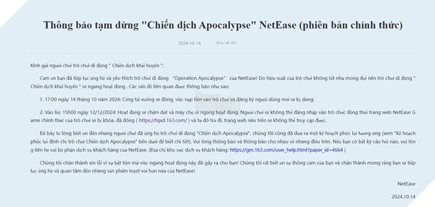 Thông báo đóng cửa Operation Apocalypse