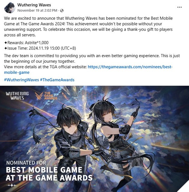Wuthering Waves Tặng Quà Khủng Cho Game Thủ Khi Được Đề Cử Tại The Game Awards 2024